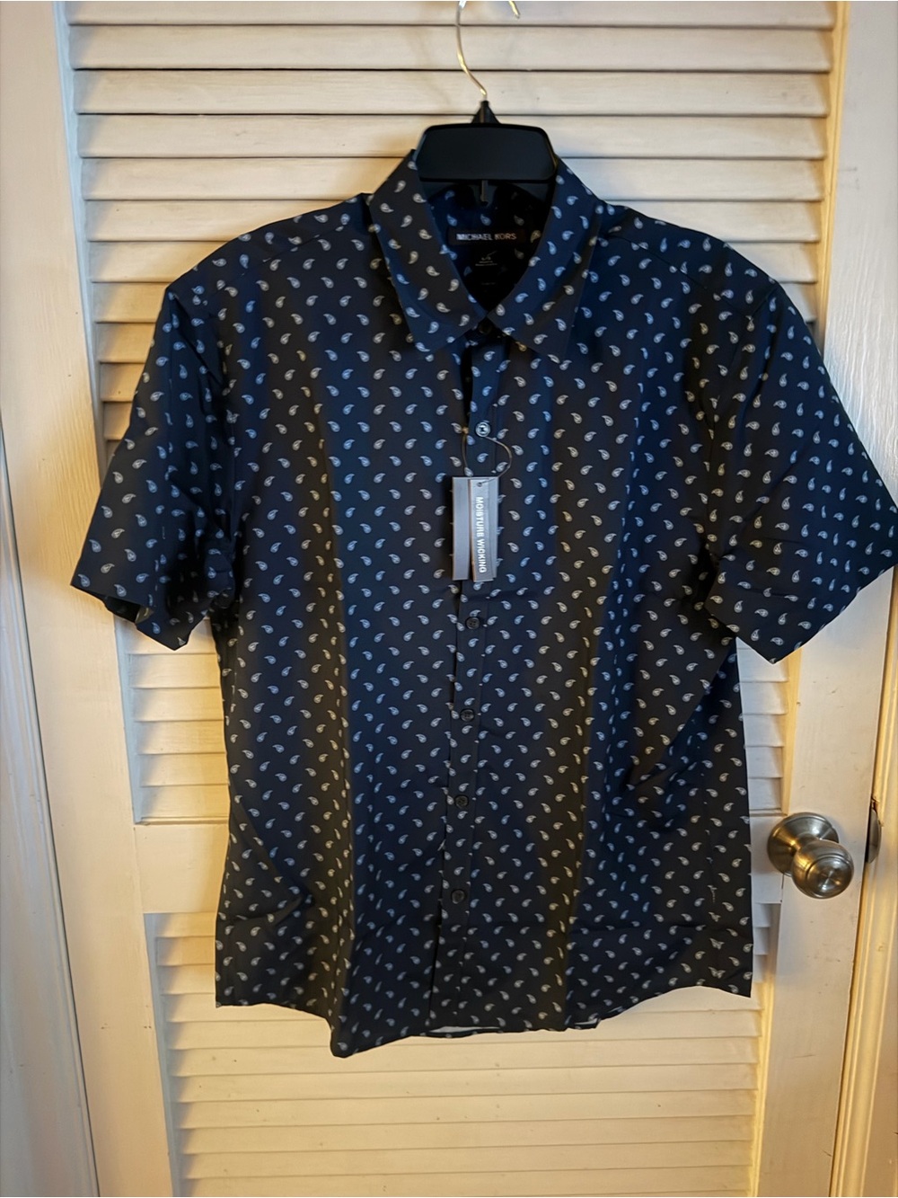 Michael Kors Navy Short-Sleeve Button-Down $120 Light Blue Paisley NWT Slim-fit